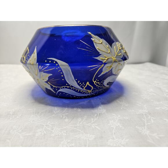 Bohemian Art Glass Short Vase in Cobalt Blue with Enameled Flowers & Gold Detail - Picture 2 of 10